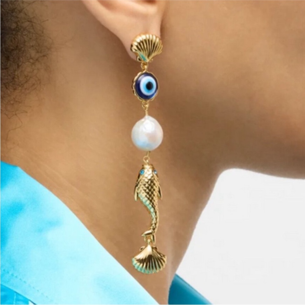 LELE sadoughi long mermaid fish & lucky Eyes mismatched earring’s